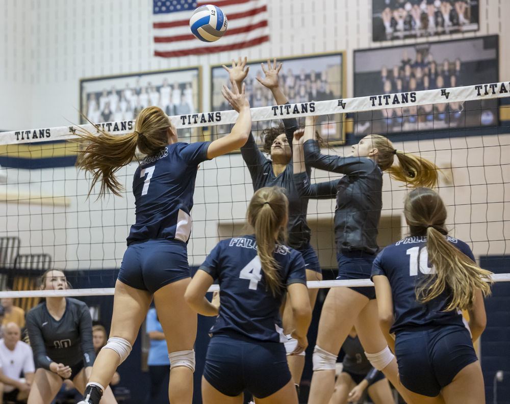 Hidden Valley's (6) Leilani Pickens and (13) Cam Davenport compete for the ball against Abingdon's (7) Cassie Farley. Hidden Valley's (10) Faith Mitchell and Abingdon's (4) EmmeThompson and (10) Kara Miller look on.